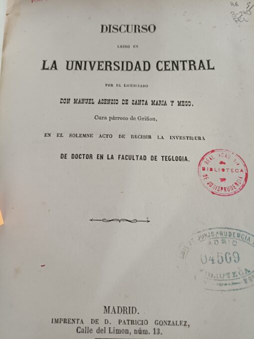 40861 510x680 - DISCURSO LEIDO EN LA UNIVERSIDAD CENTRAL POR D MANUEL ASENSIO DE SANTA MARIA Y MECO 1863